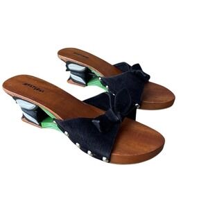 VTG 90s Y2K Black Suede Bow Wood Clog Mules Green Wedge Sandals Art to Wear 5.5